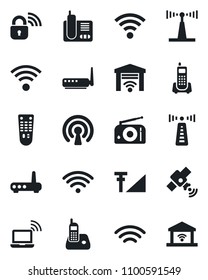 Set of vector isolated black icon - antenna vector, wireless notebook, office phone, radio, satellite, remote control, cellular signal, lock, router, garage gate