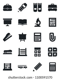 Set of vector isolated black icon - airport bus vector, book, calculator, abacus, presentation board, microscope, case, paper clip, pencil, stapler