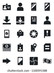 Set of vector isolated black icon - right arrow vector, mobile phone, identity card, document, important flag, tracking, cell, camera, user, download, application, restaurant receipt, cash