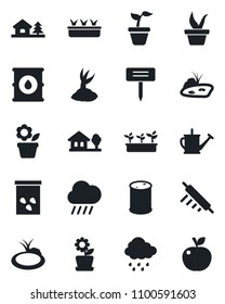 Set of vector isolated black icon - flower in pot vector, seedling, watering can, sproute, rain, plant label, seeds, pond, oil barrel, house with tree, rolling pin, apple fruit