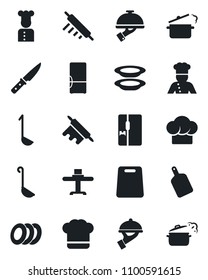 Set of vector isolated black icon - fridge vector, cook, restaurant table, hat, plates, waiter, ladle, rolling pin, cutting board, knife, steaming pan