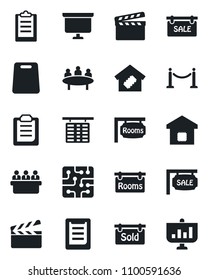 Set of vector isolated black icon - fence vector, flight table, presentation board, meeting, clipboard, clapboard, sale, rooms, sold signboard, smart home, cutting, chip