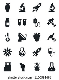 Set of vector isolated black icon - satellite antenna vector, blood test vial, dropper, microscope, ampoule, real heart, joint, virus, sd, thermometer, rocket, flask