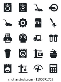 Set of vector isolated black icon - coffee machine vector, washer, fork loader, gear, ripper, lawn mower, tomography, printer, copier, crane, water filter, combination lock