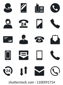 Set of vector isolated black icon - phone vector, mobile, 24 hours, support, cell, radio, mail, call, data exchange