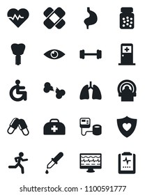 Set of vector isolated black icon - medical room vector, heart pulse, monitor, doctor case, blood pressure, dropper, pills, bottle, patch, tomography, barbell, run, shield, disabled, stomach, lungs