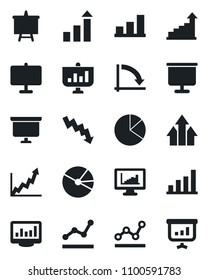 Set of vector isolated black icon - growth statistic vector, presentation board, crisis graph, monitor statistics, bar, pie, point, arrow up