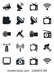 Set of vector isolated black icon - antenna vector, satellite, radio, loudspeaker, tv, video camera, wireless