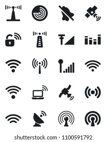Set of vector isolated black icon - antenna vector, wireless notebook, radar, satellite, equalizer, mute, cellular signal, lock