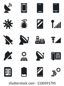 Set of vector isolated black icon - satellite antenna vector, mobile phone, virus, cell, low battery, back, sim, mute, cellular signal, office, sun panel