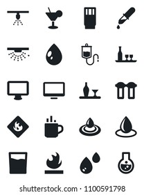 Set of vector isolated black icon - hot cup vector, water drop, dropper, flammable, monitor, alcohol, drink, cocktail, filter, sprinkler, flask