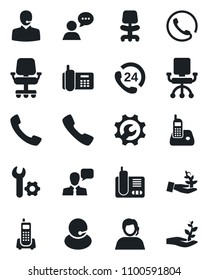 Set of vector isolated black icon - office chair vector, phone, 24 hours, support, speaker, radio, call, root setup, palm sproute