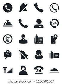 Set of vector isolated black icon - phone vector, no mobile, reception bell, office, 24 hours, support, tracking, radio, call, mute, cellular signal