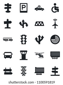 Set of vector isolated black icon - airport tower vector, plane radar, taxi, bus, parking, signpost, alarm car, helicopter, disabled, route, traffic light, truck trailer, guidepost