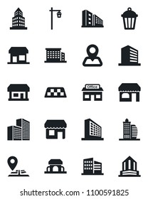 Set of vector isolated black icon - taxi vector, shop, office building, garden light, navigation, store, cafe, storefront