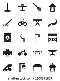 Set of vector isolated black icon - ladder car vector, rake, sickle, garden light, picnic table, fertilizer, bike, restaurant, alcove, outdoor lamp