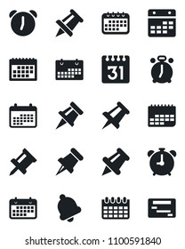 Set of vector isolated black icon - alarm clock vector, drawing pin, calendar, term, paper, bell, schedule