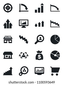 Set of vector isolated black icon - growth statistic vector, money bag, crisis graph, store, monitor statistics, pie, hr, target, consumer search, arrow up, cart