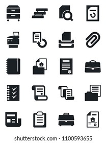 Set of vector isolated black icon - contract vector, notepad, document reload, clipboard, case, paper clip, news, folder, search, checklist, tray, archive box, copier, estate
