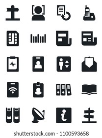 Set of vector isolated black icon - elevator vector, book, document reload, pulse clipboard, signpost, barcode, satellite antenna, radio phone, mail, sim, face id, news, identity card, paper binder
