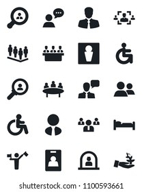 Set of vector isolated black icon - dispatcher vector, male, disabled, reception, bed, team, meeting, client, speaker, group, identity card, hr, search, estate agent, consumer, palm sproute