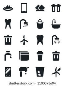 Set of vector isolated black icon - trash bin vector, shower, bucket, tooth, mobile, blank box, water supply, bathroom, serviette, filter, windmill