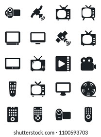 Set of vector isolated black icon - tv vector, reel, satellite, video camera, remote control, monitor