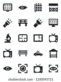 Set of vector isolated black icon - tv vector, alarm car, seat map, bench, monitor pulse, microscope, eye, torch, plan, alcove, scan