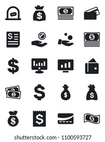 Set of vector isolated black icon - ticket office vector, dollar sign, money bag, statistic monitor, cash, receipt, credit card, wallet, investment