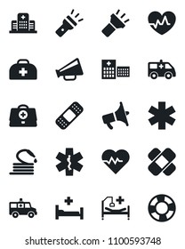 Set of vector isolated black icon - hose vector, heart pulse, doctor case, patch, ambulance star, car, hospital bed, loudspeaker, torch, crisis management