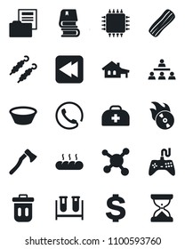 Set of vector isolated black icon - dollar sign vector, axe, doctor case, blood test vial, molecule, flame disk, gamepad, rewind, document folder, hierarchy, book, house with garage, phone, bacon