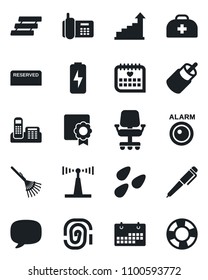 Set of vector isolated black icon - growth statistic vector, rake, seeds, doctor case, medical calendar, office phone, antenna, rca, message, charge, sertificate, paper tray, pen, reserved, chair