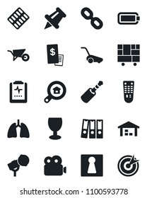 Set of vector isolated black icon - female vector, wheelbarrow, lawn mower, pills blister, lungs, pulse clipboard, consolidated cargo, fragile, microphone, remote control, chain, paper pin, video