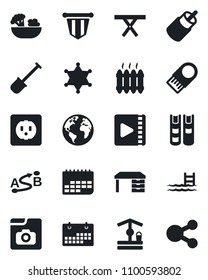 Set of vector isolated black icon - pennant vector, desk, shovel, well, picnic table, earth, term, route, rca, video, photo gallery, calendar, book, pool, heater, salad, socket, police, usb flash
