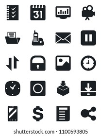Set of vector isolated black icon - mobile phone vector, mail, dollar sign, document, clock, package, video camera, radio, pause button, gallery, record, calendar, data exchange, download, lock