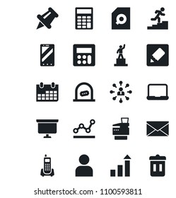 Set of vector isolated black icon - ticket office vector, mobile phone, mail, growth statistic, hierarchy, pedestal, presentation board, calendar, paper pin, user, calculator, notes, document search