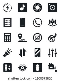 Set of vector isolated black icon - elevator vector, no laptop, male, mobile phone, navigation, back, camera, tuning, data exchange, torch, eye id, music, charge, calculator, abacus, company