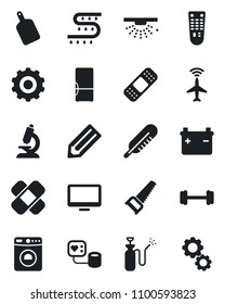 Set of vector isolated black icon - plane radar vector, washer, gear, pencil, saw, garden sprayer, drip irrigation, blood pressure, thermometer, microscope, patch, barbell, remote control, monitor