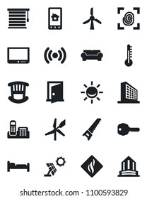 Set of vector isolated black icon - bed vector, office building, saw, tv, phone, key, children room, cushioned furniture, fingerprint, wireless, home control app, smoke detector, thermometer, door