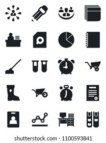 Set of vector isolated black icon - alarm clock vector, hierarchy, desk, wheelbarrow, boot, hoe, blood test vial, copybook, company, pie graph, document search, identity card, blank box, point, book