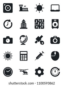 Set of vector isolated black icon - globe vector, camera, sun, helicopter, airport building, mouse, syringe, satellite, speaker, mobile, settings, clock, office, calculator, notebook pc, chip
