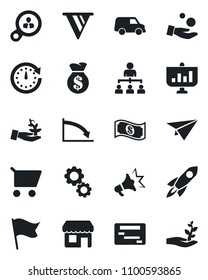 Set of vector isolated black icon - hierarchy vector, consumer search, gear, palm sproute, rocket, money bag, clock, pennon, crisis, investment, cart, flag, cash, car, paper plane, schedule