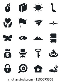 Set of vector isolated black icon - plane vector, lock, mouse, money bag, butterfly, sun, heart hand, eye, office chair, blank box, mountains, estate search, sweet home, ladle, water, fridge, flag