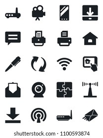 Set of vector isolated black icon - pen vector, printer, antenna, video camera, mail, mobile, message, update, download, wireless, application, house, router, web, home control app