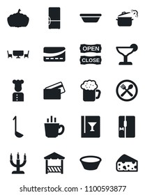 Set of vector isolated black icon - pumpkin vector, fridge, cook, cafe, wine card, cocktail, coffee, beer, candle, table, open close, alcove, credit, ladle, bowl, steaming pan, cheese