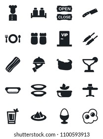 Set of vector isolated black icon - cook vector, restaurant table, serviette, cafe, cocktail, phyto bar, salad, plates, bacon, waiter, egg stand, salt and pepper, vip zone, open close, chicken