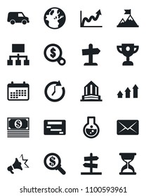 Set of vector isolated black icon - arrow up graph vector, motivation, clock, earth, growth, money search, calendar, flask, cash, car, schedule, hierarchy, mail, advertising, award cup, guidepost