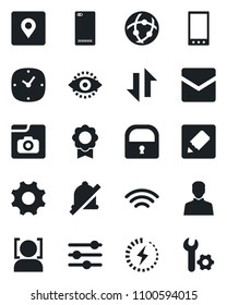 Set of vector isolated black icon - mobile vector, phone back, settings, tuning, user, clock, mail, network, notes, data exchange, wireless, mute, place tag, lock, face id, eye, photo gallery