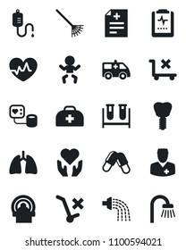 Set of vector isolated black icon - baby vector, rake, watering, heart pulse, doctor case, diagnosis, blood pressure, test vial, dropper, pills, tomography, ambulance car, hand, lungs, implant