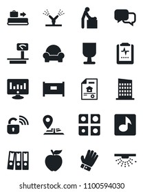 Set of vector isolated black icon - fence vector, baggage conveyor, baby room, statistic monitor, glove, pulse clipboard, navigation, fragile, heavy scales, dialog, music, application, paper binder